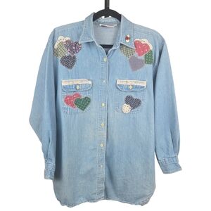 Vintage Amrav American Rave Embroidered Patchwork Denim Shirt Size Large